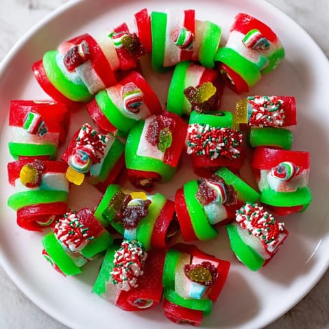 Sweet Easy Christmas Fruit Rollup Sushi rolls bursting with marshmallows, sprinkles, and gummy worms.