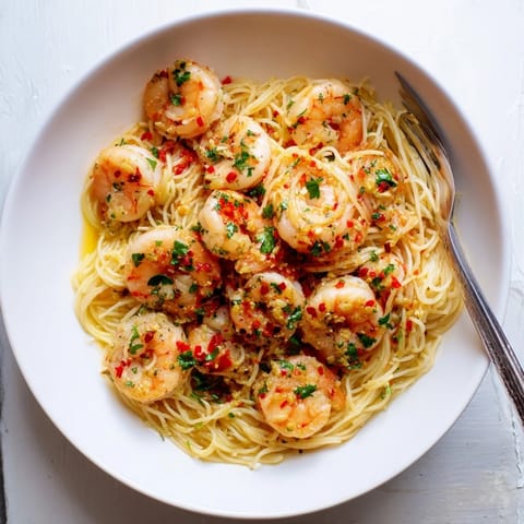 Golden-brown shrimp nestle in One-Skillet Lemon Garlic Shrimp Angel Hair Pasta, ready to be enjoyed.