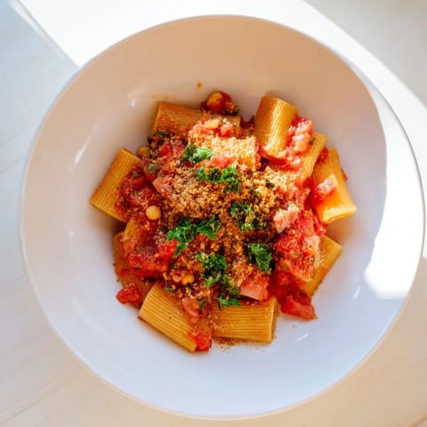 Golden-brown roasted chickpeas topping a bowl of Spicy Arrabbiata Pasta, showcasing its texture beautifully.