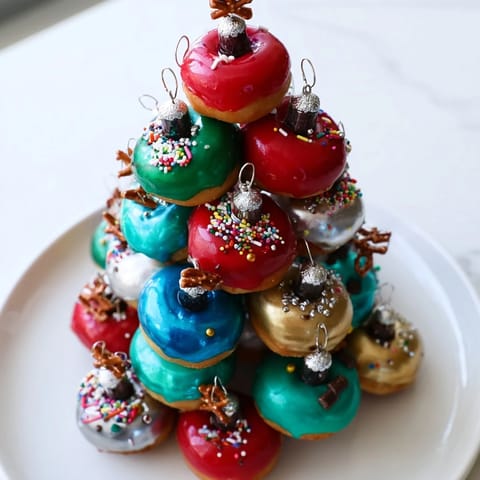 A mouthwatering donut stack Christmas ornament tower, featuring glazed donuts and edible candy decorations, ready to eat.