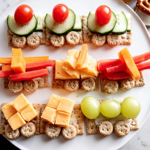 Choo Choo Train Snack Track, a colorful and fun children's snack platter with cheese and fresh veggies.