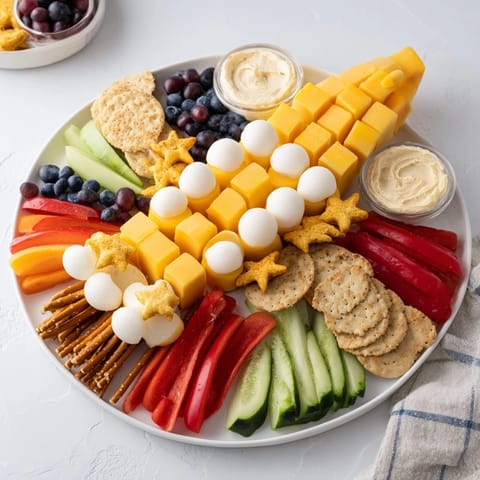 This delightful Spaceship Launch Snack Board showcases a variety of colorful snacks and dips for a playful party.