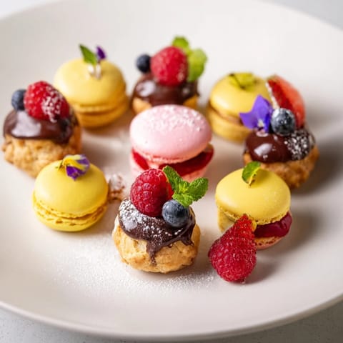 This stunning Montgolfière dessert platter features dainty macarons and tartlets, ready to enjoy at tea.