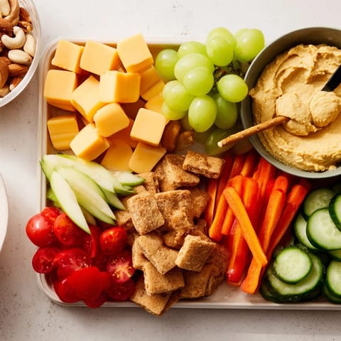 Delicious and colorful Road Trip Snack Platter featuring crackers, hummus, and a variety of healthy snacks.