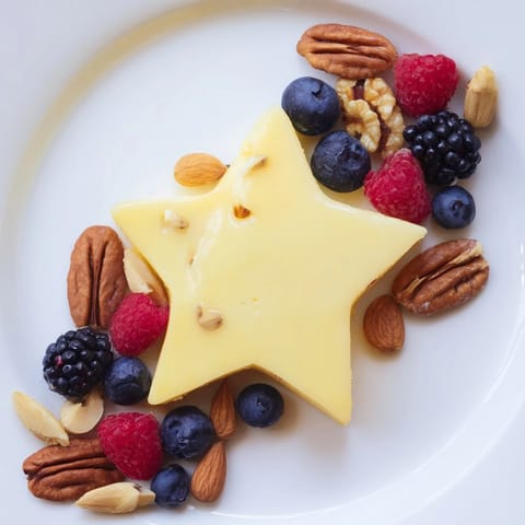 Festive Shooting Star Cheese Board arrangement: star cheese, nuts, and vibrant, fresh berries for the holidays.