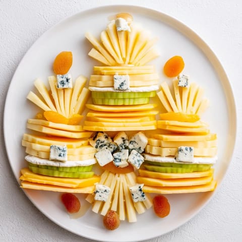 A decadent Art Deco Arch Cheese Platter, showcasing overlapping cheese slices artfully arranged with fruit.