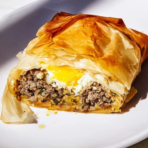 Crispy layers of phyllo hold a flavorful meat and egg filling in this Tunisian Brik pastry.