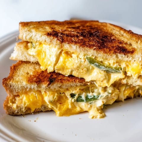 A close-up of a hot Jalapeño Popper Grilled Cheese, with creamy spicy filling dripping out onto a rustic plate next to a bowl of soup.
