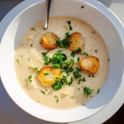 Smooth and creamy roasted garlic soup garnished with fresh parsley and croutons in a cozy bowl.  