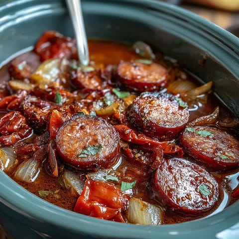 Fresh parsley garnishes a steaming bowl of Crock Pot BBQ Cocktail Sausage Soup, paired with crusty bread for dipping on the side.