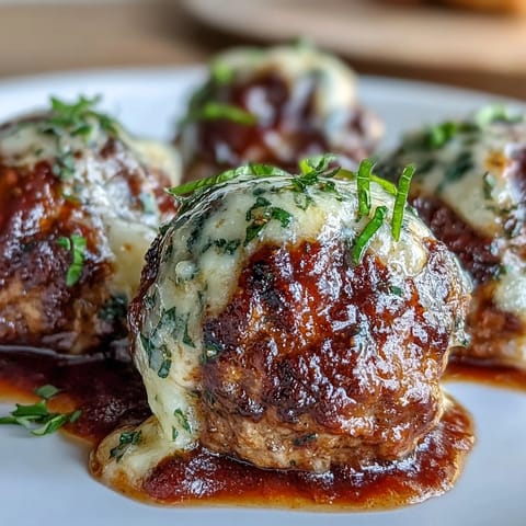 Golden-brown Cheesy, Garlicky Meatballs With Marinara simmering in a deep red sauce, garnished with fresh parsley.