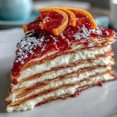 A plated slice of Blood Orange Curd Crêpe Cake topped with powdered sugar, blood orange zest, and vibrant edible flowers, ready to serve.