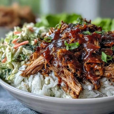 Hearty Pulled Pork Bowl piled with juicy pork, crunchy slaw, and rice, perfect for dinner.