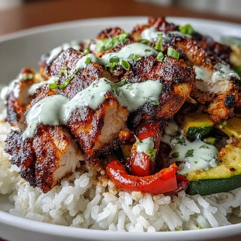 A single bowl of blackened chicken with zesty lime crema, fresh cilantro, and colorful vegetables ready to eat.