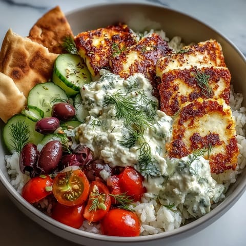 A vibrant Greek Halloumi Power Bowl topped with creamy tzatziki and warm pita wedges ready to eat.
