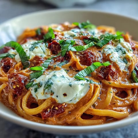 Fresh basil garnishes this vegetarian Italian-inspired main dish served in a rustic white bowl on a wooden table.