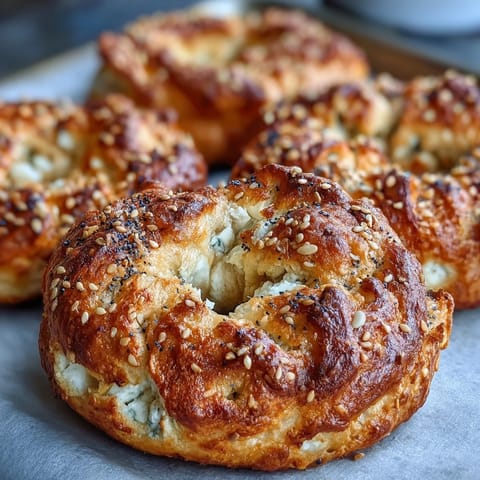 Golden-brown Greek Yogurt Bagels with a shiny egg wash, topped with everything seasoning and fresh chives on a rustic board.