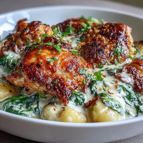Golden-brown, juicy chicken thighs rest in a creamy Parmesan sauce with tender gnocchi and wilted spinach in a skillet.
