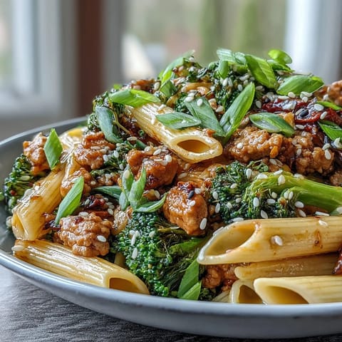 A close-up shows a fork lifting a saucy bite of Sweet & Spicy Turkey Broccoli Pasta, garnished with green onions and sesame seeds.