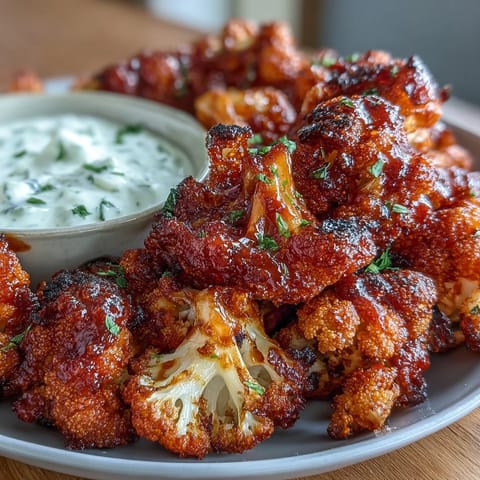 Golden-brown cauliflower wings coated in tangy buffalo sauce, paired with fresh herb ranch dip for a satisfying vegetarian snack.  
