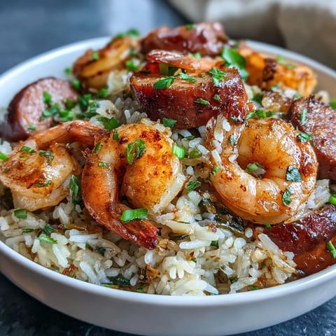 Fluffy white rice cooked with andouille sausage, tender shrimp, and the classic Cajun holy trinity for a hearty, aromatic one-pan meal.  