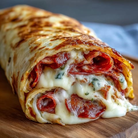 A golden, crispy low-carb tortilla filled with melty provolone, spicy salami, and tangy banana peppers.  