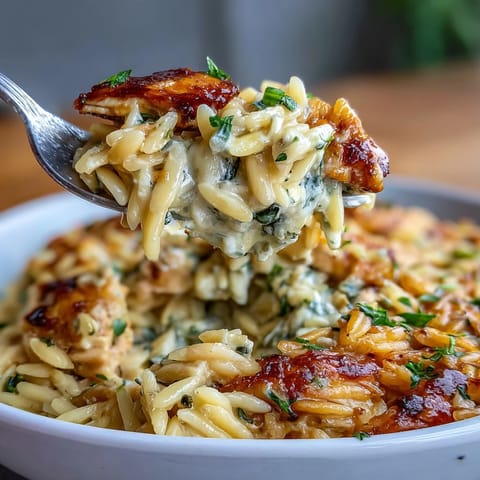 A golden-baked orzo casserole with tender chicken, colorful bell peppers, and creamy Boursin cheese, garnished with fresh parsley.  
