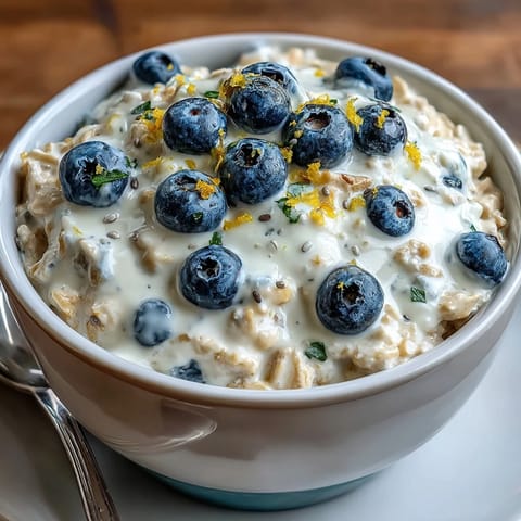 Bright and refreshing blueberry lemon overnight oats with a hint of citrus zest, perfect for a quick breakfast.