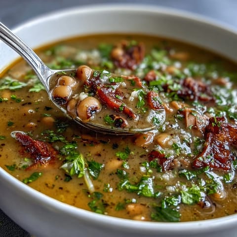 A steaming bowl of ham and black-eyed pea soup with tender vegetables and smoky ham chunks.