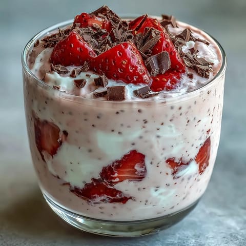 Strawberry Yogurt Chia Pudding with Dark Chocolate Shavings topped with fresh strawberries and mint leaves.
