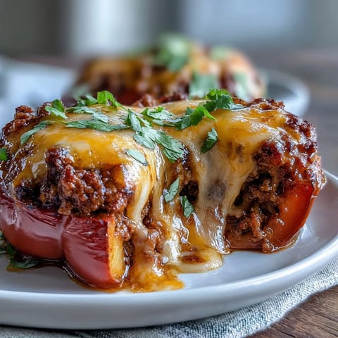 Keto taco stuffed bell peppers filled with spiced ground beef and topped with melted cheddar cheese for a low-carb dinner.