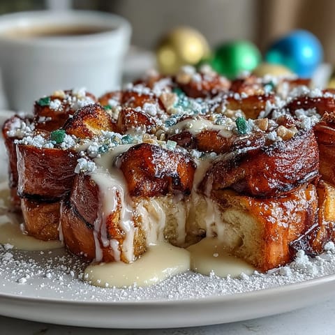 King Cake Overnight French Toast Bake with cinnamon-swirl brioche, creamy custard, and festive purple, green, and gold sprinkles.