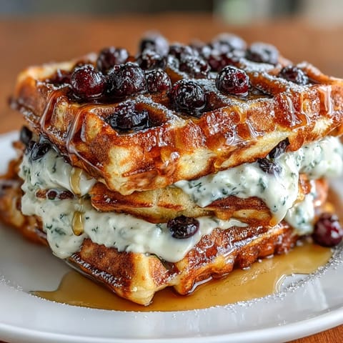 Golden sourdough waffles studded with juicy blueberries and fragrant lemon zest, served warm with creamy maple yogurt for a delightful brunch.