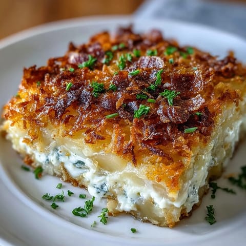 Cozy Funeral Potatoes Casserole with Hashbrown Topping, creamy potatoes baked with cheese and sour cream, topped with golden shredded hashbrowns.