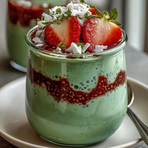 Strawberry Matcha Overnight Chia Oats with layers of creamy oats, matcha, and fresh strawberries in a glass jar.  