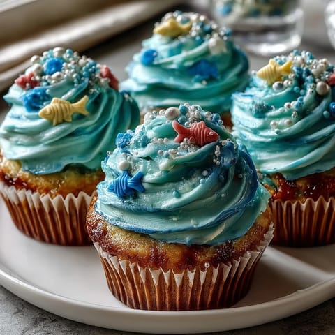 Whimsical vanilla cupcakes with blue buttercream frosting and fondant fish toppers, perfect for Pisces-themed celebrations.