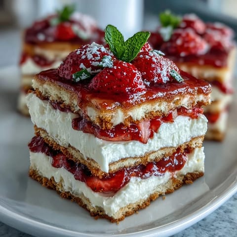 Golden biscuit shortcake layered with juicy macerated strawberries and fluffy whipped cream.  