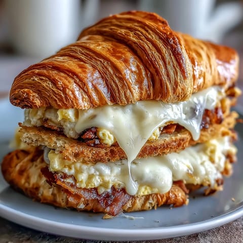 Flaky butter croissants stuffed with fluffy scrambled eggs and melted cheddar cheese, a perfect breakfast sandwich for busy mornings.
