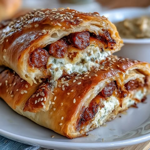 Golden puff pastry pigs in a blanket served with tangy mustard dip for a perfect game day snack.