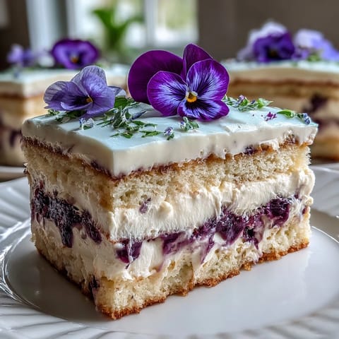 Spring Cake with Pressed Edible Flowers: A light vanilla cake layered with whipped cream and decorated with delicate pressed edible flowers for a fresh, floral look.