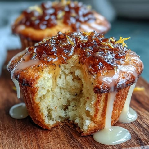 Golden lemon poppy seed muffins with a glossy citrus glaze, perfect for a bright spring brunch or afternoon treat.  