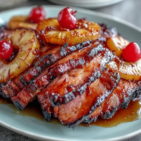 Golden honey glazed ham with pineapple rings and cherries, baked to perfection for a festive holiday centerpiece.  