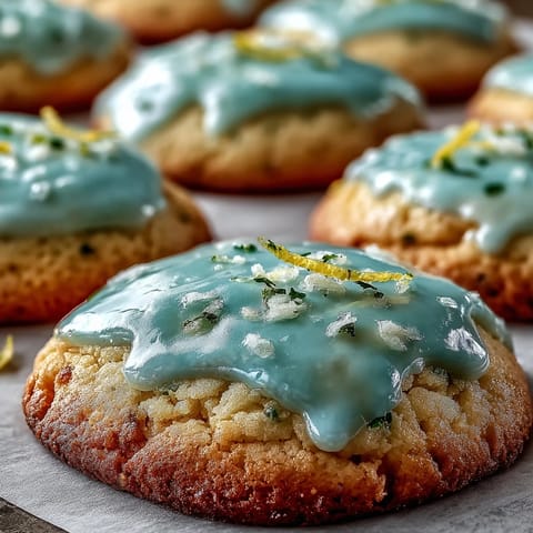 Spring cookies with lemon sugar cookies and pastel glaze, arranged on a floral plate for a festive dessert display.