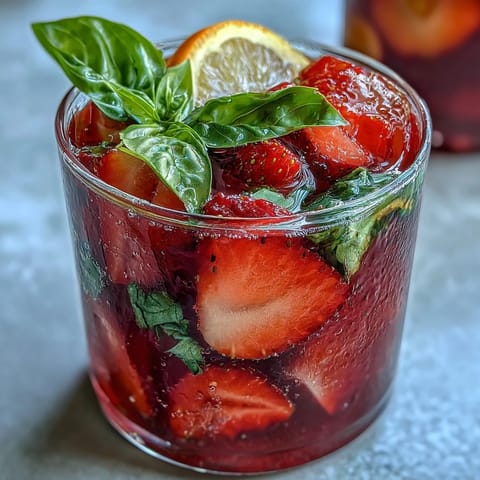 Vibrant strawberry basil sangria mocktail with citrus slices and fresh herbs, perfect for summer parties and non-alcoholic gatherings.