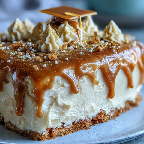 Gold drip graduation sheet cake with mortarboard topper, featuring glossy golden drips cascading over smooth vanilla buttercream frosting.