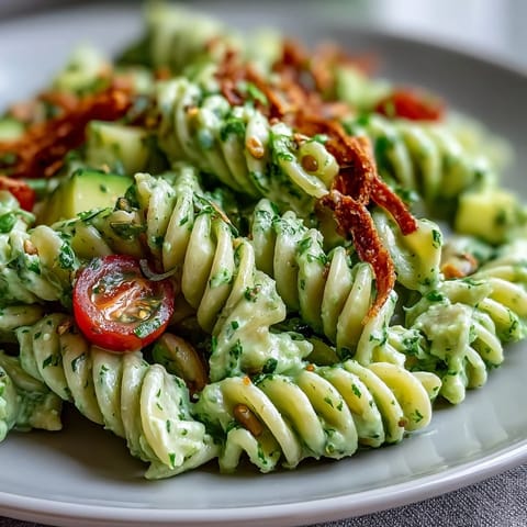 Fresh and vibrant Green Goddess Pasta Salad with al dente pasta, crisp vegetables, and herby avocado dressing.  