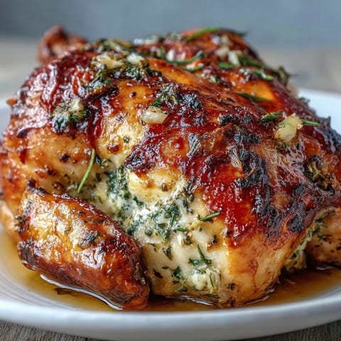 Herb Butter Roast Chicken with Preserved Lemon: golden roasted chicken with crispy herb butter skin and aromatic citrus notes.