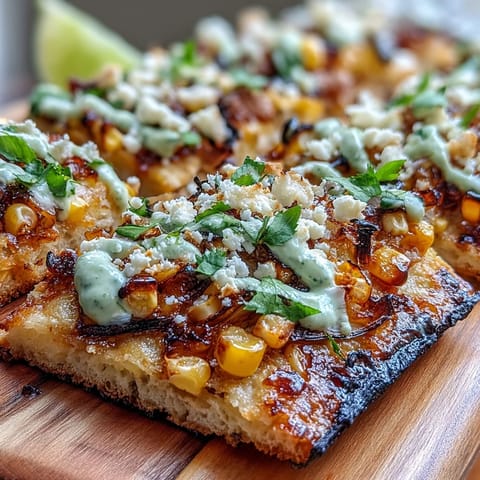 Festive Cinco de Mayo Street Corn Flatbread topped with charred corn, cotija, and crema.