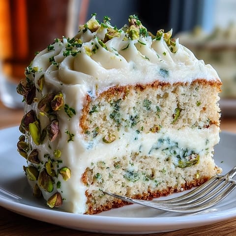 Charming Spring Birthday Lemon Pistachio Layered Cake, frosted decadently.