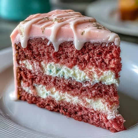 Elegant blush-pink rosé velvet cake with creamy frosting and shimmering gold drip, perfect for bridal showers and special celebrations.
